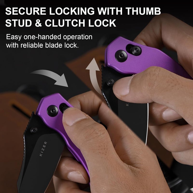 KIZER Mini Bulldog Pocket Knife, 2.5” Nitro V Sheepsfoot Blade Folding Knife, Aluminum Handle Clutch Lock Small EDC Knife for Men Women Gift, Fishing Hiking Camping Hunting Knives V3672SA1 - Image 5